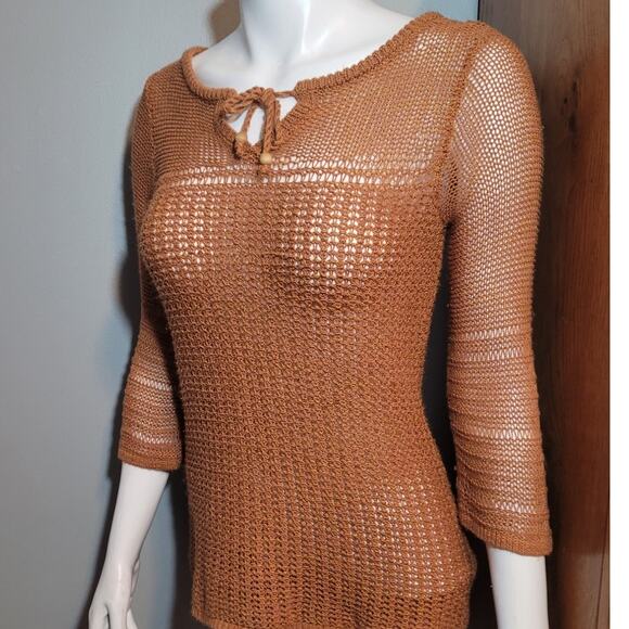 Lucky Brand Boho Crochet Sweater Brown Tie Neck Open Knit Semi Sheer Top Small - Picture 9 of 10